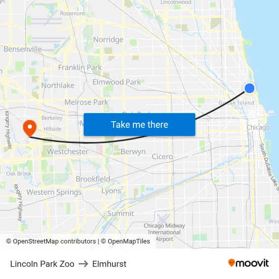 Lincoln Park Zoo to Elmhurst map