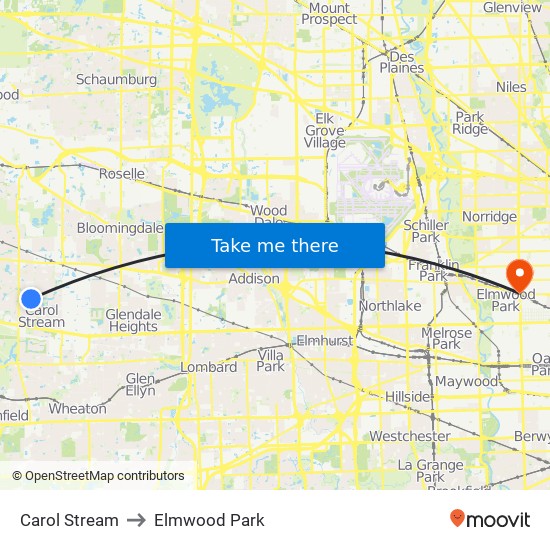 Carol Stream to Elmwood Park map