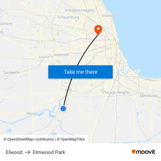 Elwood to Elmwood Park map