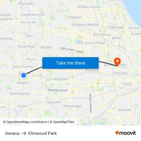 Geneva to Elmwood Park map