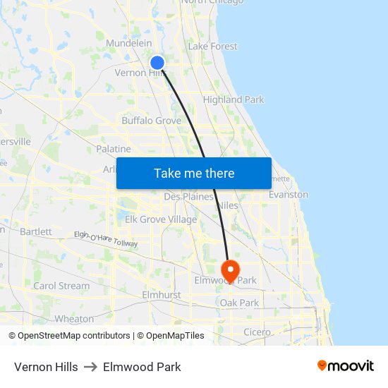 Vernon Hills to Elmwood Park map