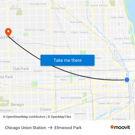 Chicago Union Station to Elmwood Park map