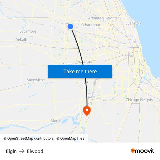 Elgin to Elwood map