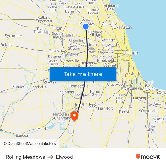 Rolling Meadows to Elwood map