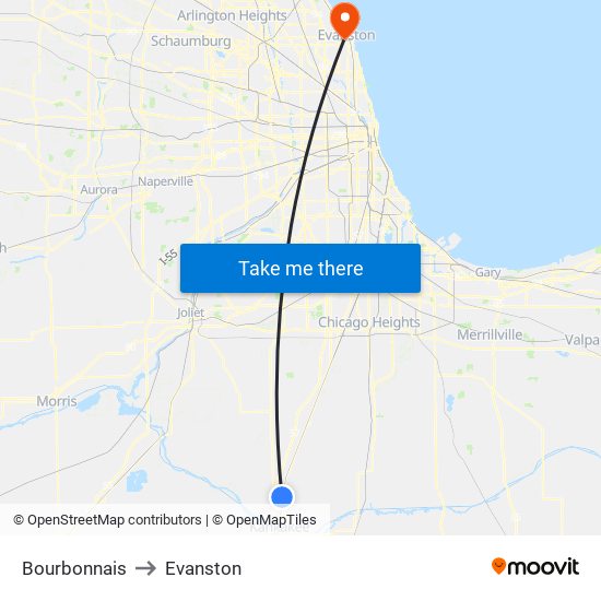 Bourbonnais to Evanston map