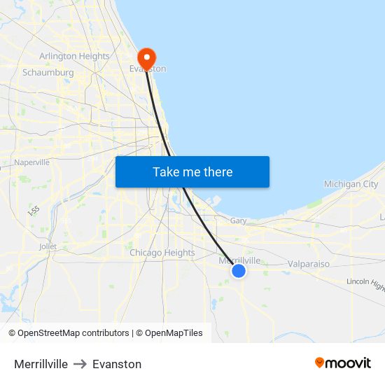 Merrillville to Evanston map
