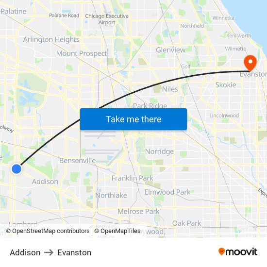 Addison to Evanston map