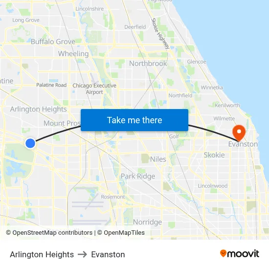 Arlington Heights to Evanston map
