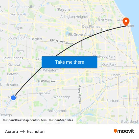 Aurora to Evanston map