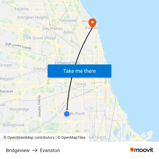 Bridgeview to Evanston map