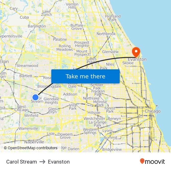 Carol Stream to Evanston map