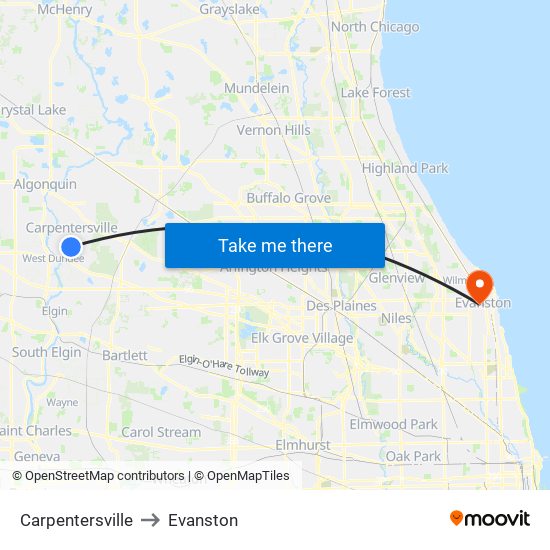 Carpentersville to Evanston map