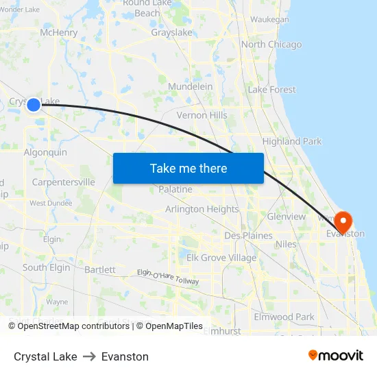 Crystal Lake to Evanston map