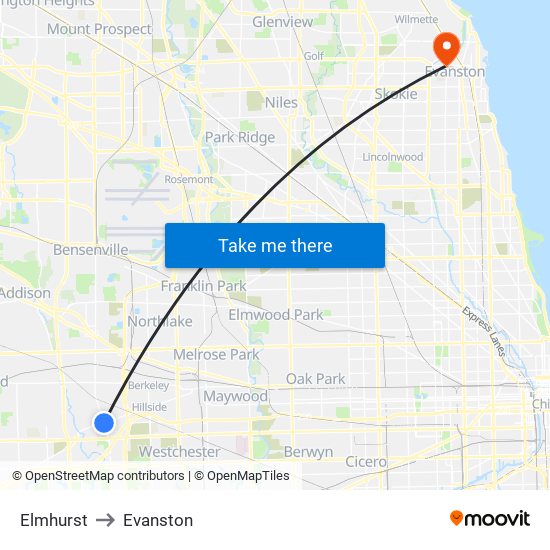 Elmhurst to Evanston map