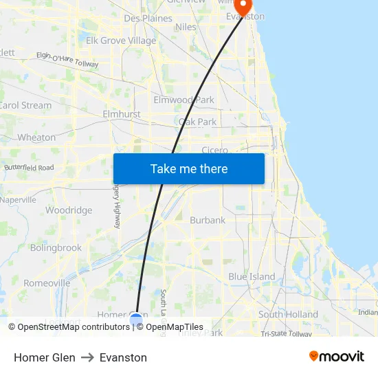 Homer Glen to Evanston map