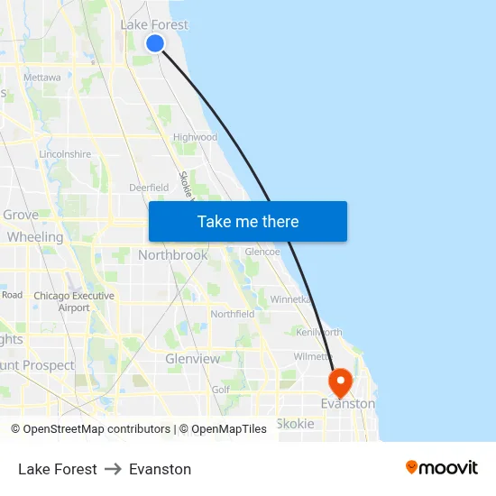 Lake Forest to Evanston map