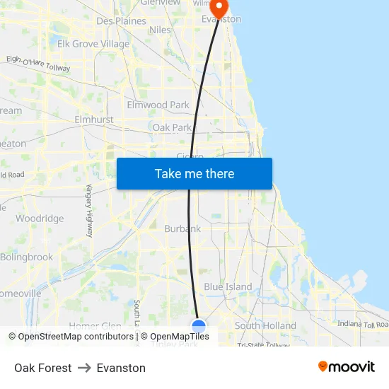 Oak Forest to Evanston map