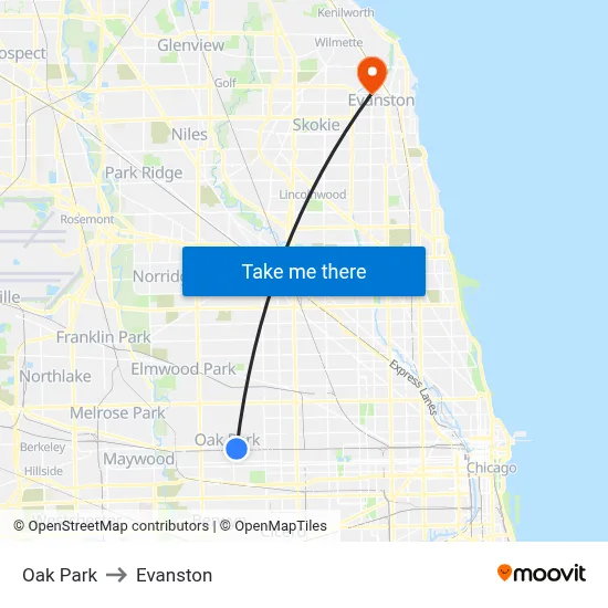 Oak Park to Evanston map