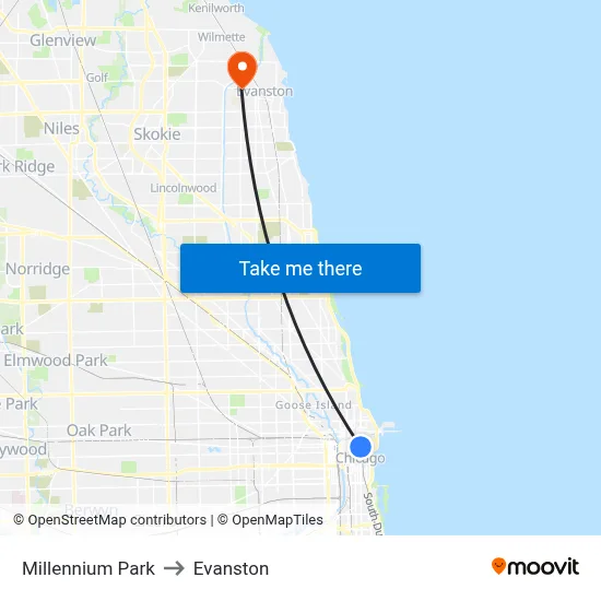 Millennium Park to Evanston map
