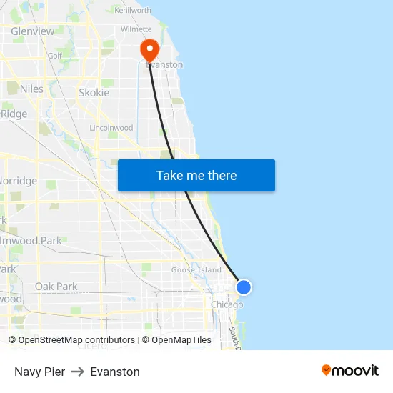 Navy Pier to Evanston map