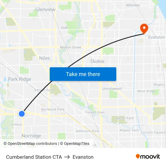 Cumberland Station CTA to Evanston map