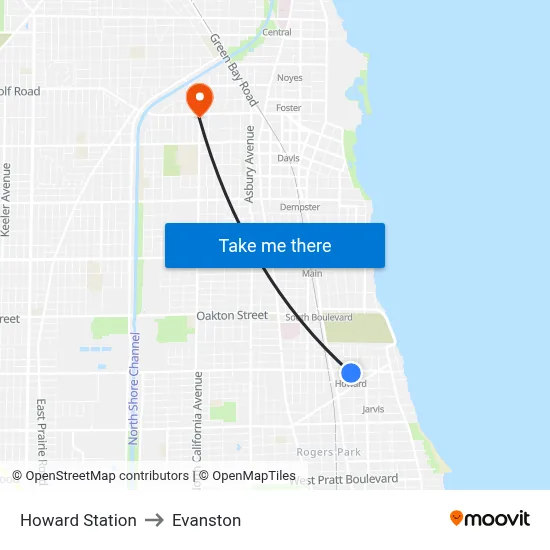 Howard Station to Evanston map