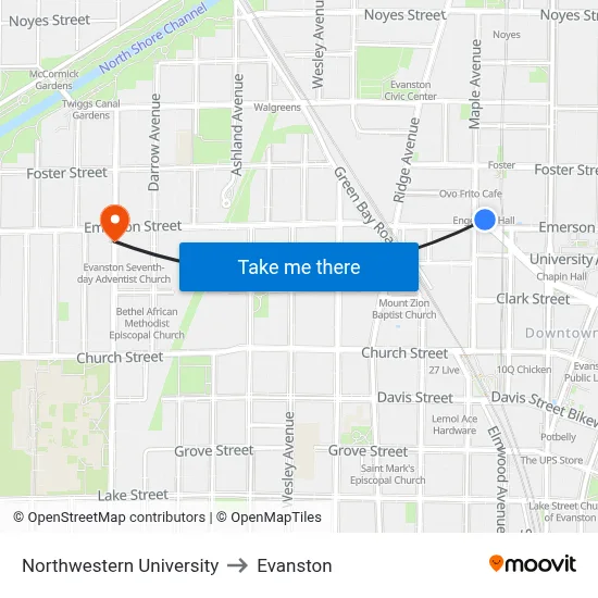 Northwestern University to Evanston map