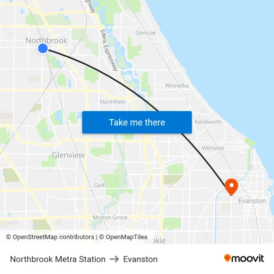 Northbrook Metra Station to Evanston map