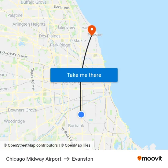 Chicago Midway Airport to Evanston map