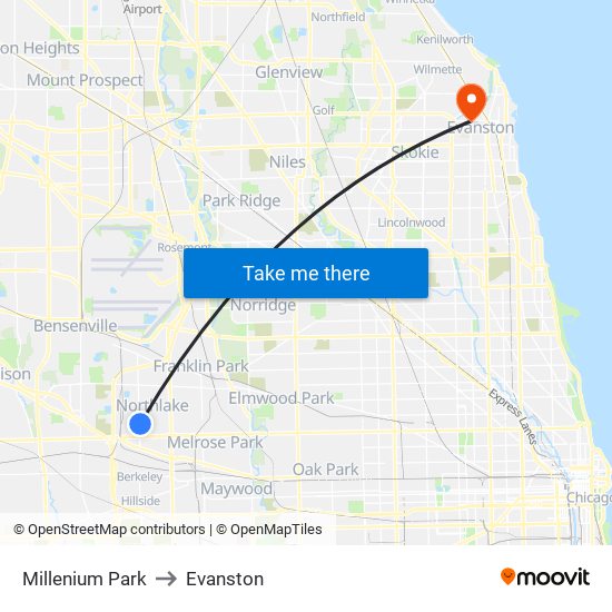 Millenium Park to Evanston map