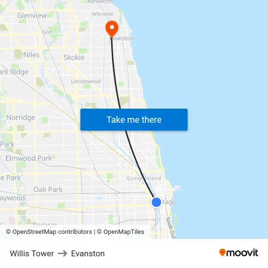 Willis Tower to Evanston map