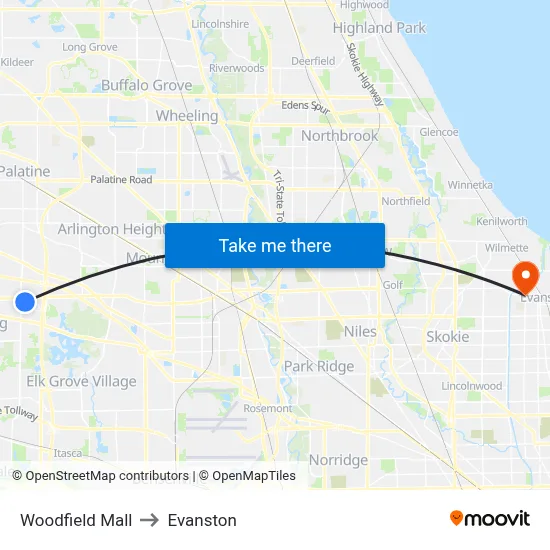 Woodfield Mall to Evanston map