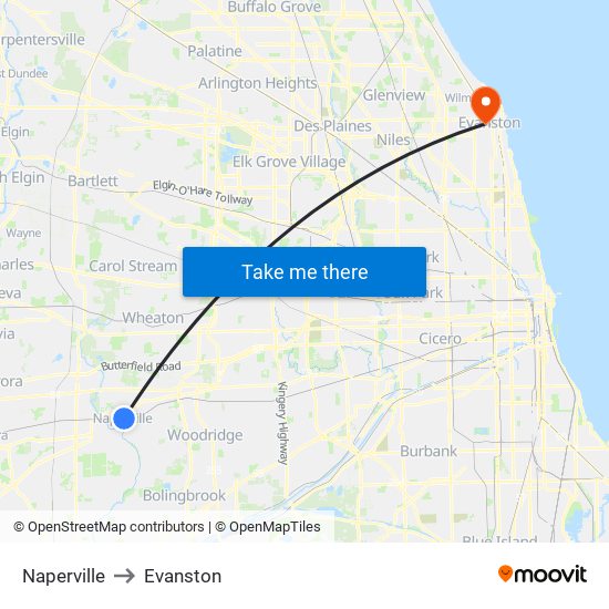 Naperville to Evanston map
