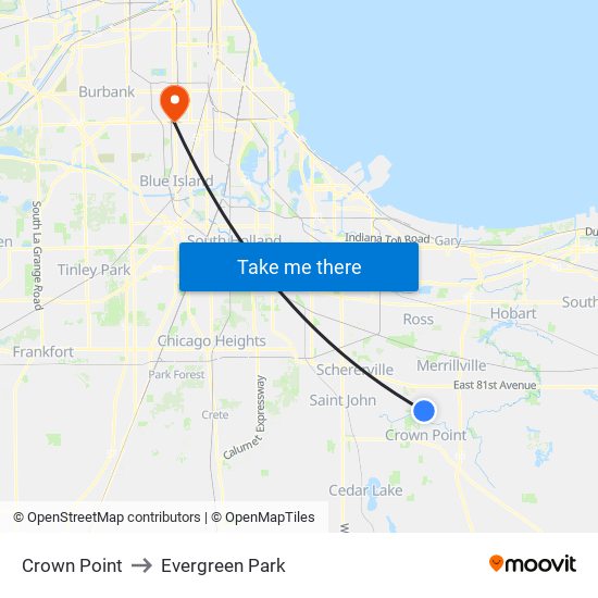 Crown Point to Evergreen Park map