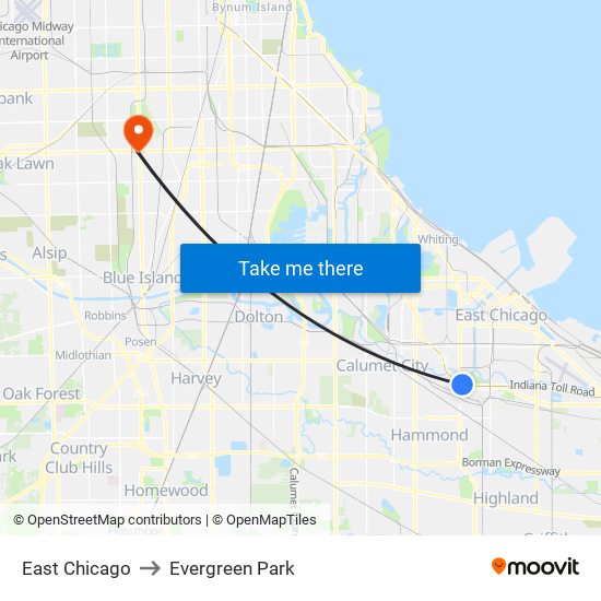 East Chicago to Evergreen Park map