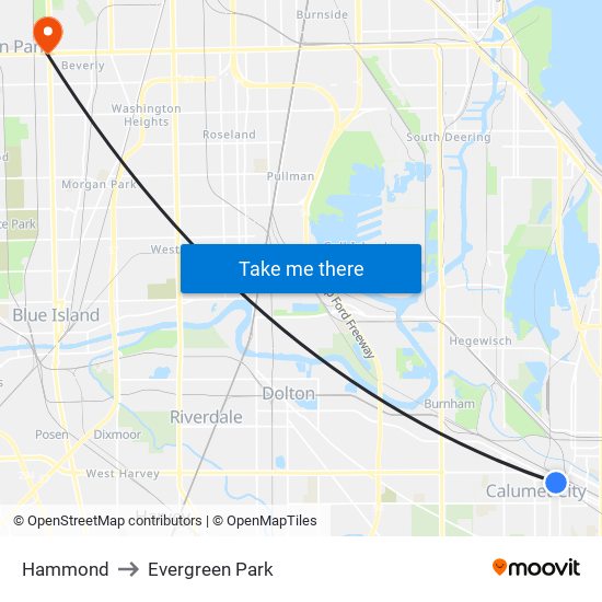 Hammond to Evergreen Park map