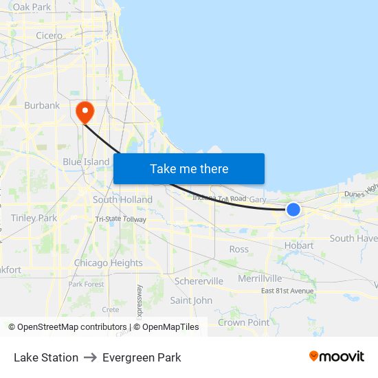 Lake Station to Evergreen Park map
