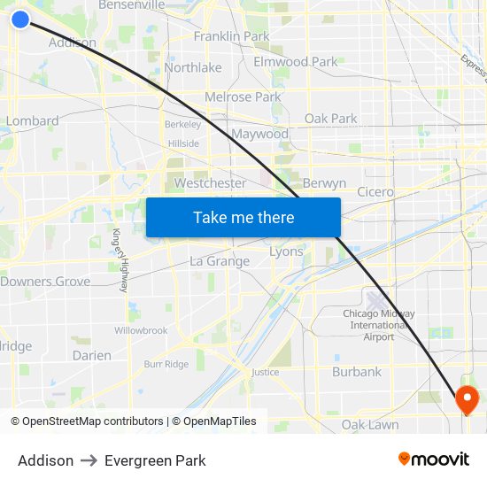 Addison to Evergreen Park map