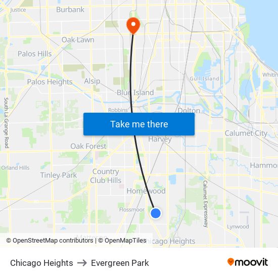 Chicago Heights to Evergreen Park map