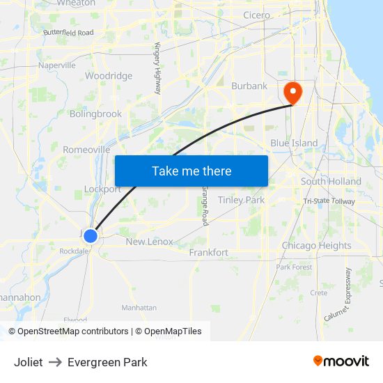 Joliet to Evergreen Park map