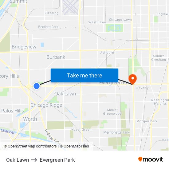 Oak Lawn to Evergreen Park map