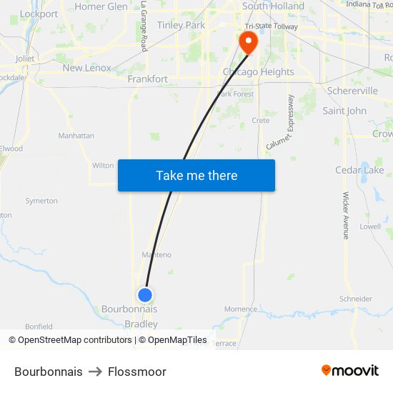 Bourbonnais to Flossmoor map