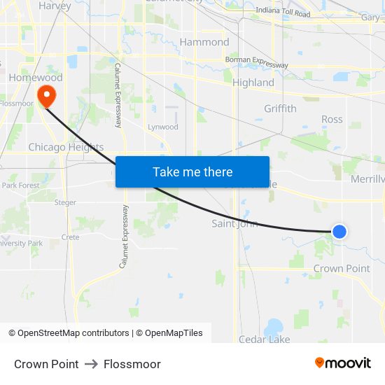 Crown Point to Flossmoor map