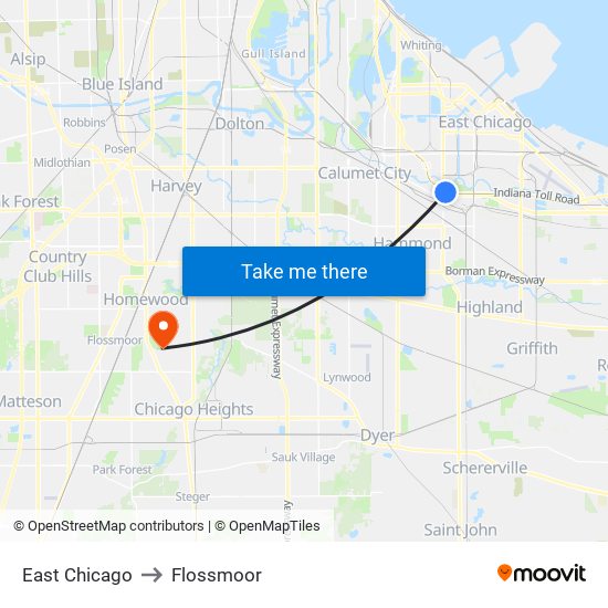 East Chicago to Flossmoor map