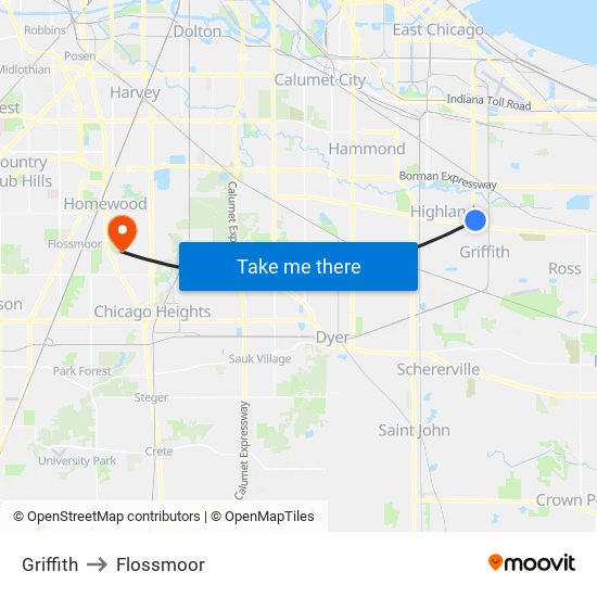 Griffith to Flossmoor map