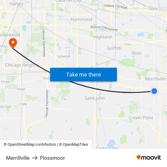 Merrillville to Flossmoor map
