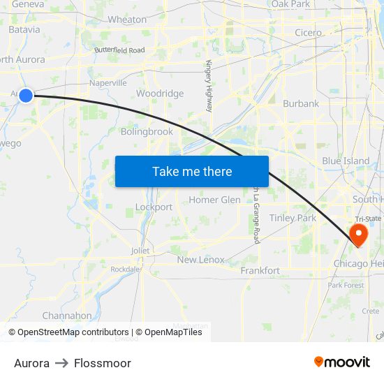 Aurora to Flossmoor map