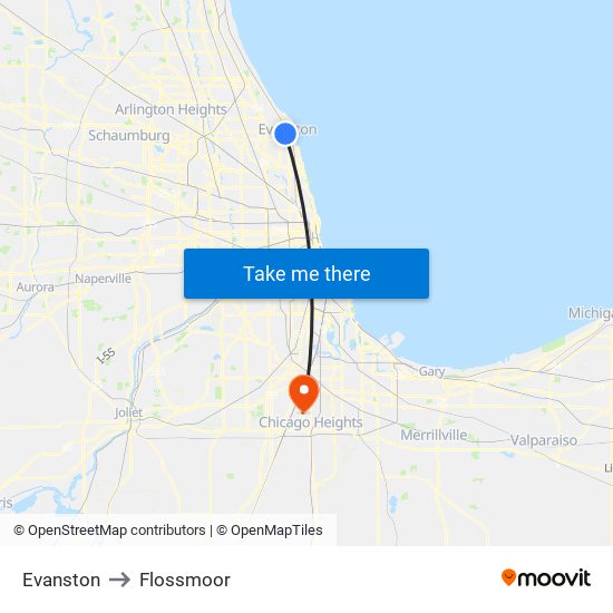 Evanston to Flossmoor map