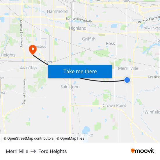 Merrillville to Ford Heights map
