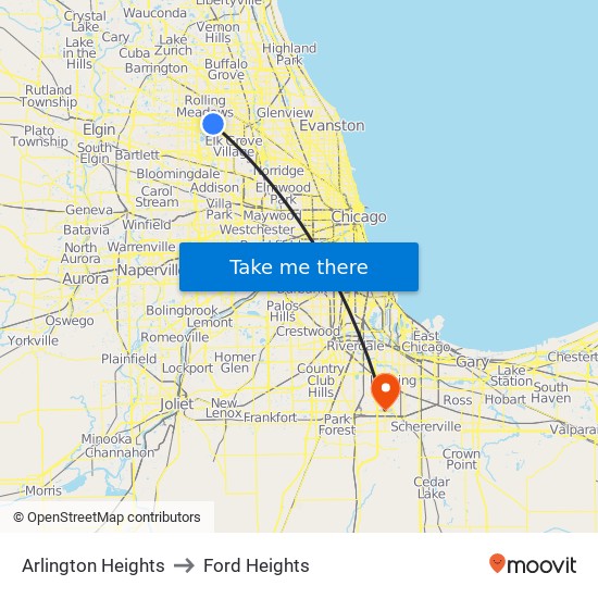 Arlington Heights to Ford Heights map